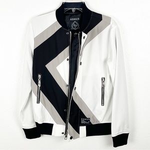 KONUS White Asymmetrical Geometric Panels Long Sleeves Bomber Jacket, Size XXS
